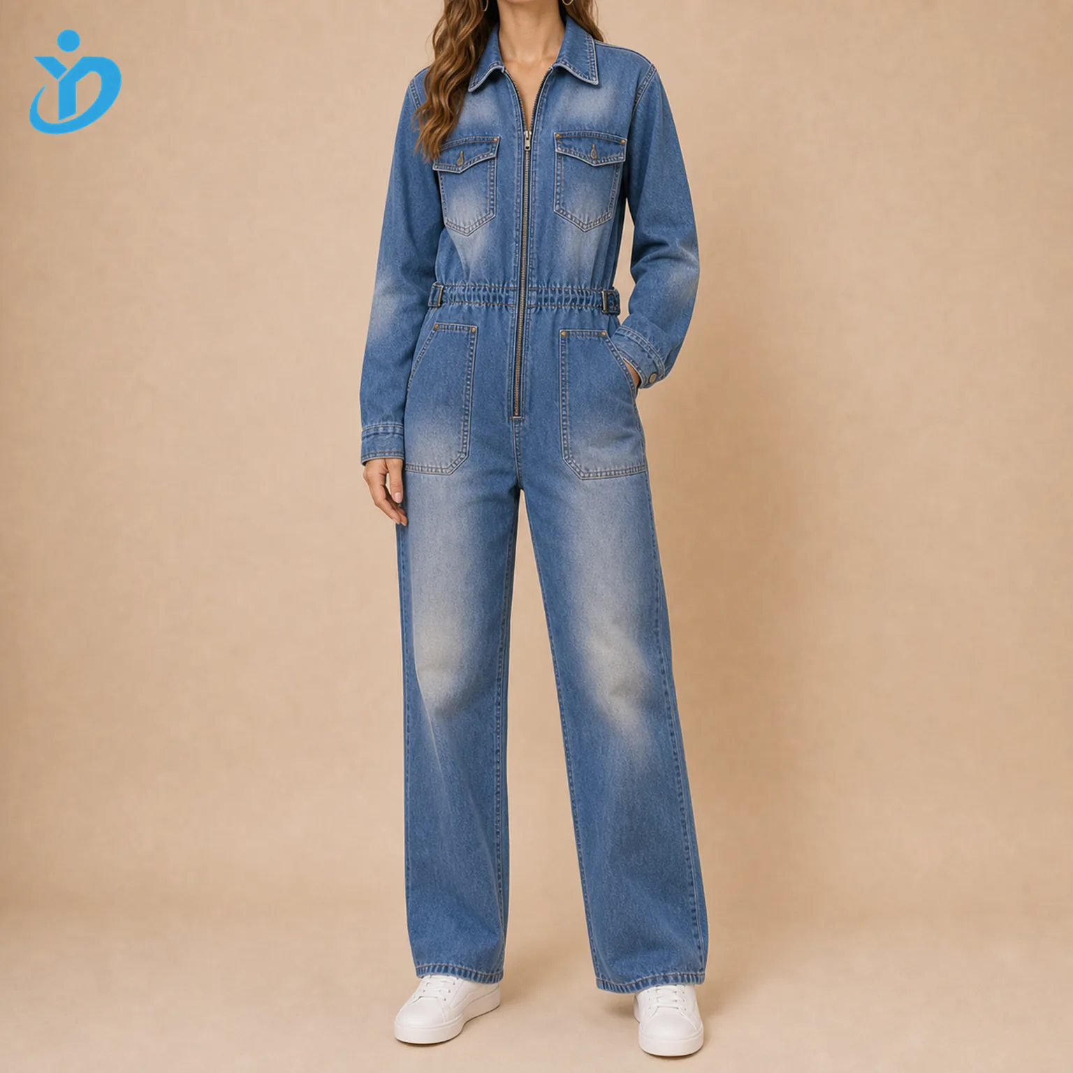 Custom womens denim boiler suit front view with loose fit long sleeves front zip adjustable waist straight leg chest pocket sand blasting and Dongguan Yidi Clothing Co Ltd transparent logo