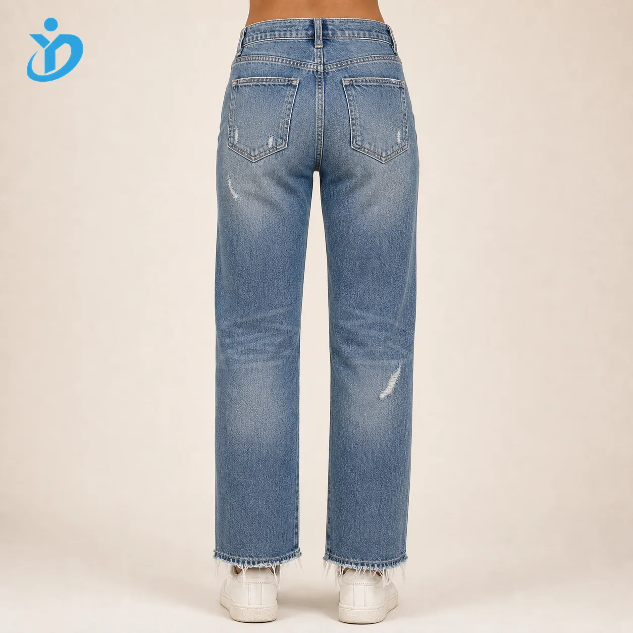 Custom womens distressed denim jeans back view lower body model for private label denim manufacturing with YIDI Clothing logo