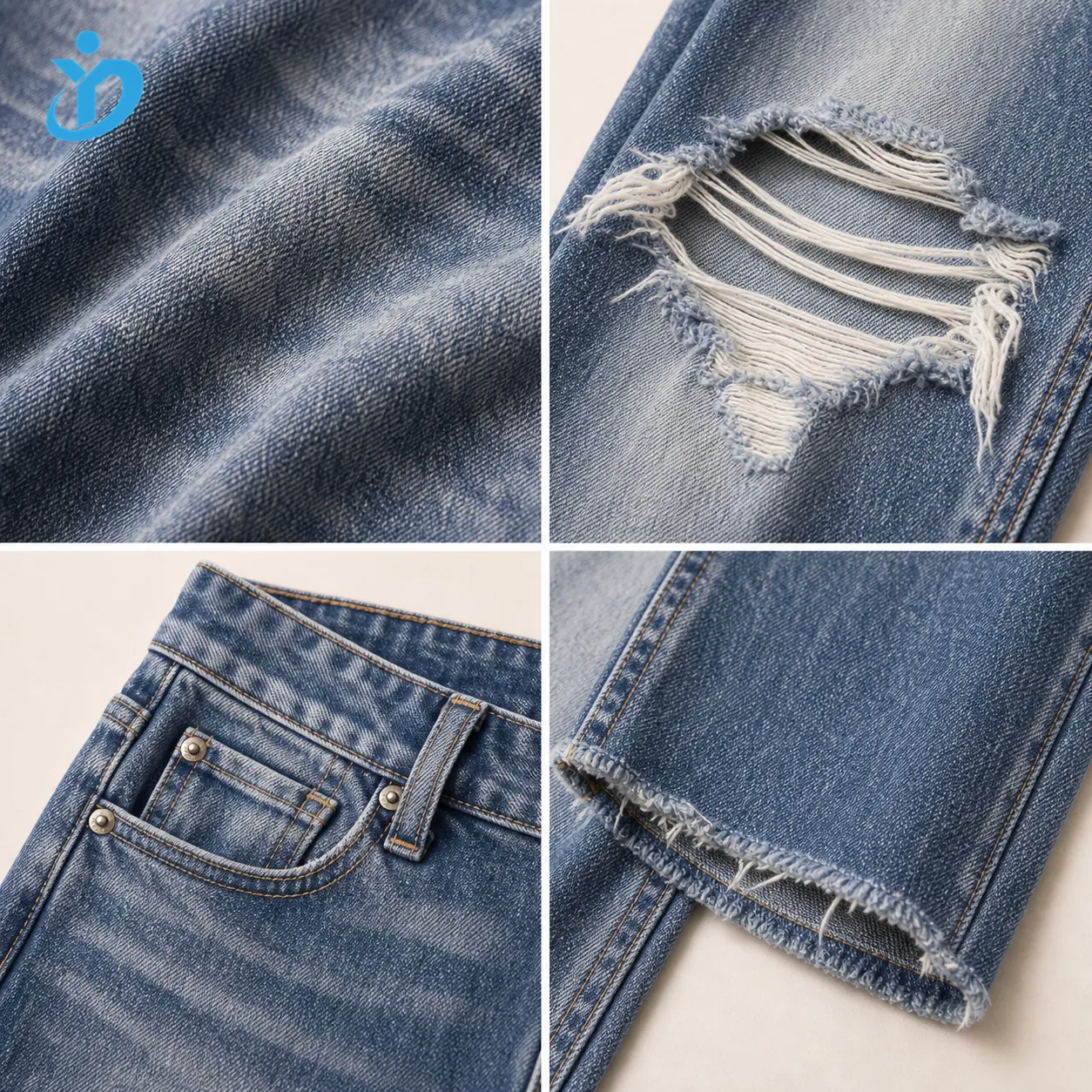 Custom womens distressed denim jeans vintage wash fabric ripped knee pocket and frayed hem details with YIDI Clothing logo
