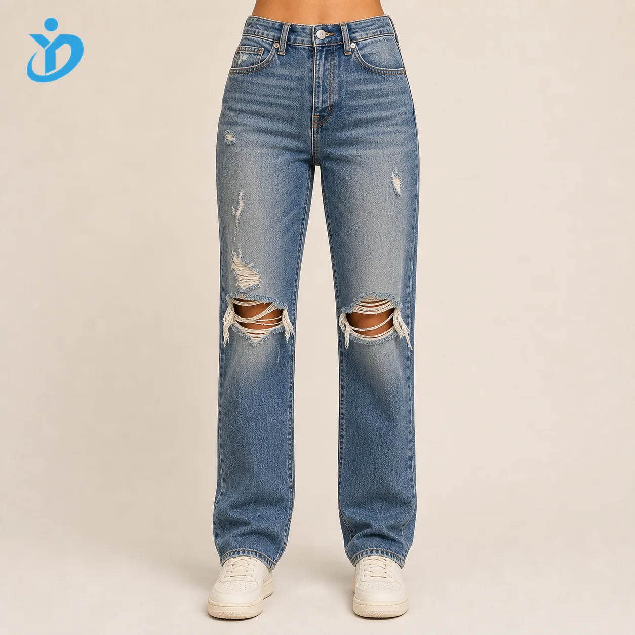 Custom womens distressed denim jeans front view lower body model with ripped knees and YIDI Clothing logo