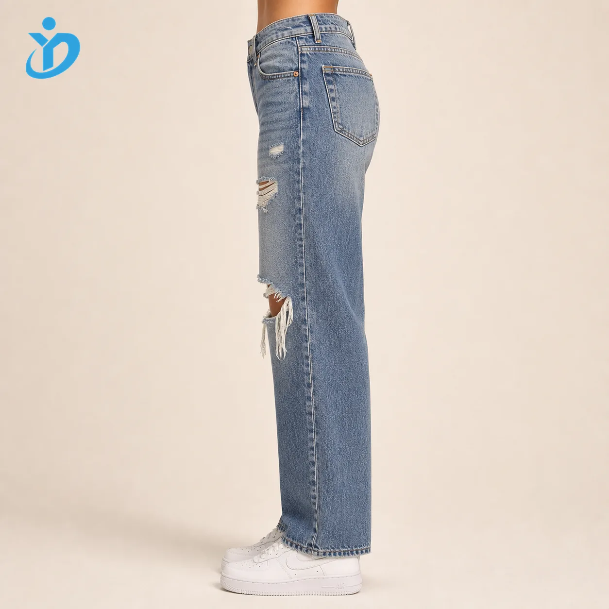 Custom womens distressed denim jeans side view lower body model from China OEM ODM denim jeans manufacturer with YIDI Clothing logo