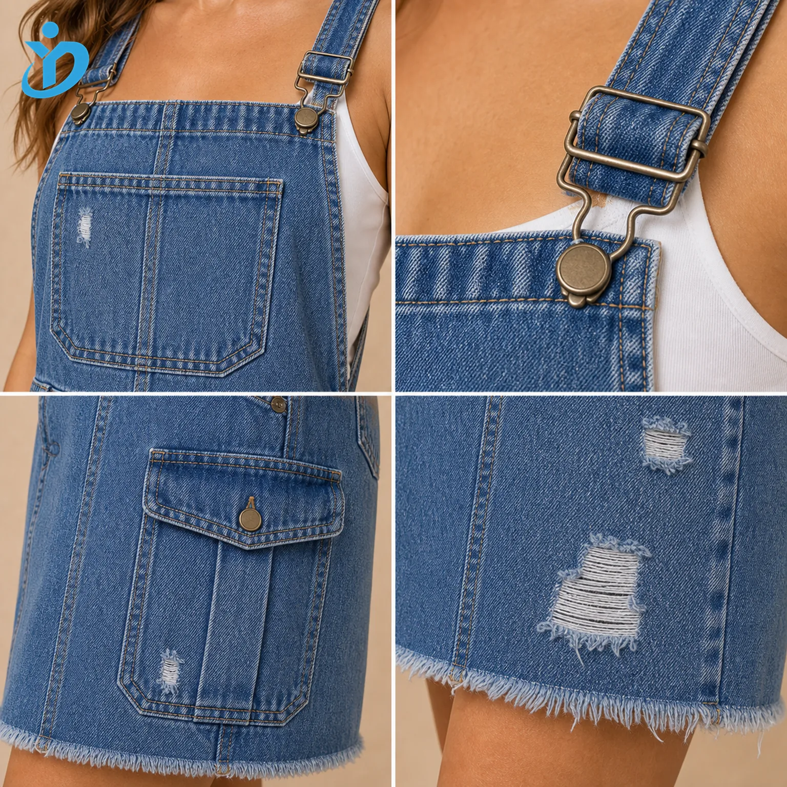 Custom womens distressed denim overall dress detail grid showing bib front pocket adjustable strap buckle cargo pocket distressed abrasion raw hem and Dongguan Yidi Clothing Co Ltd transparent logo