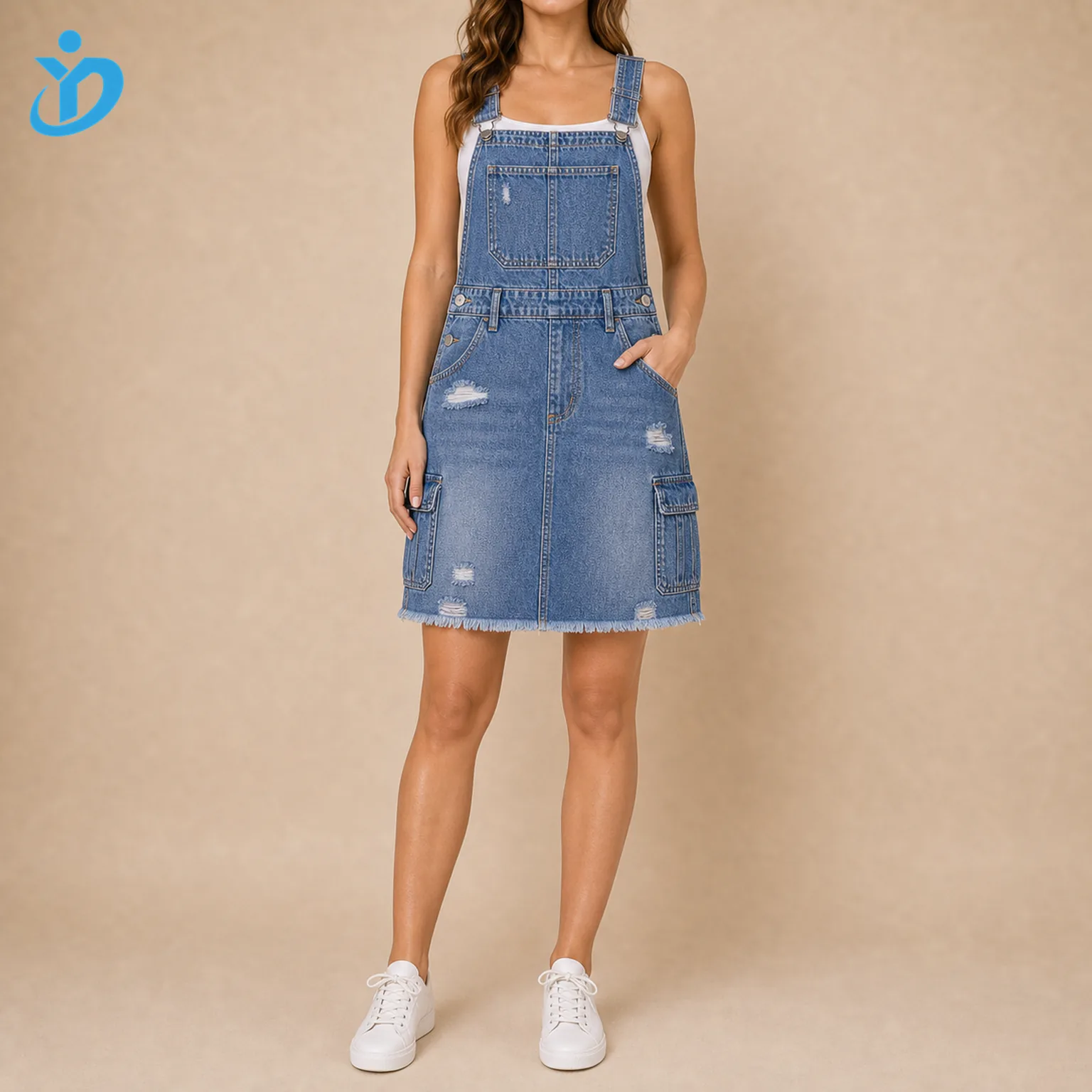 Custom womens distressed denim overall dress front view with bib front adjustable straps front pocket relaxed fit cargo pockets and Dongguan Yidi Clothing Co Ltd transparent logo