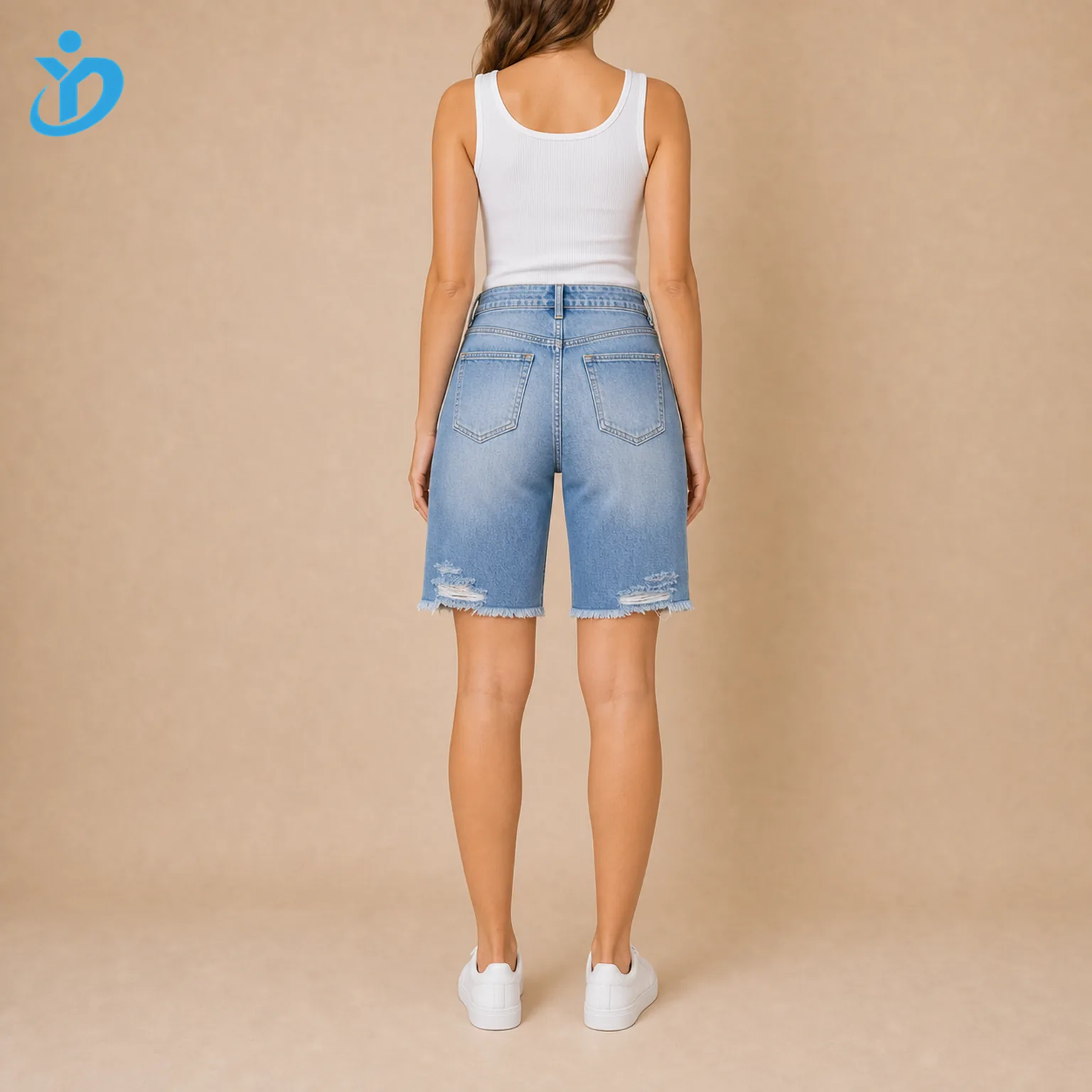 Custom womens distressed denim shorts back view showing bleach wash faded panels back pockets hand scraping raw frayed hem white tank top white sneakers and Dongguan Yidi Clothing Co Ltd transparent logo