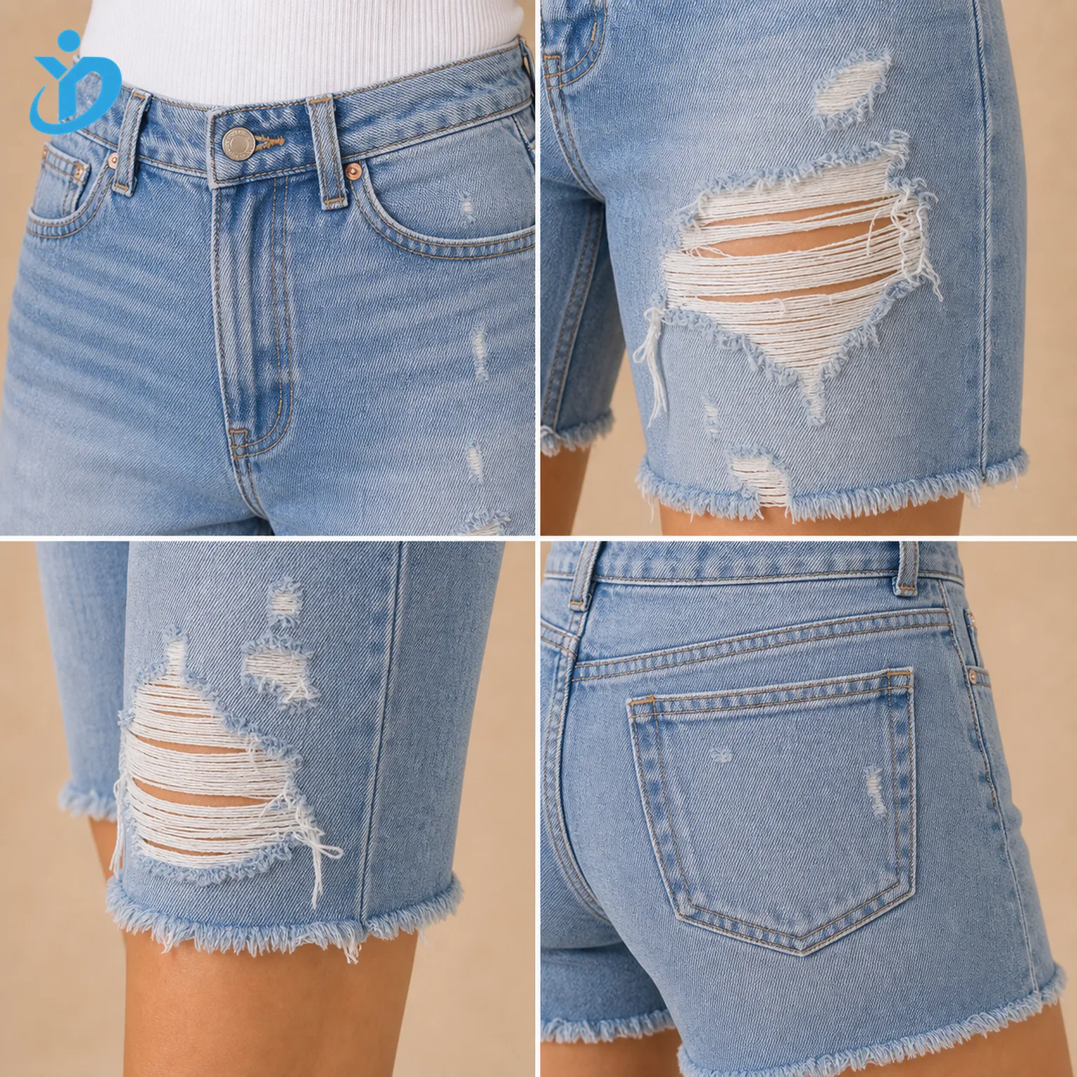 Custom womens distressed denim shorts detail grid showing high waist zipper fly 5-pocket construction destroyed thigh hole knee area damage hand scraping raw hem bleach wash and Dongguan Yidi Clothing Co Ltd transparent logo