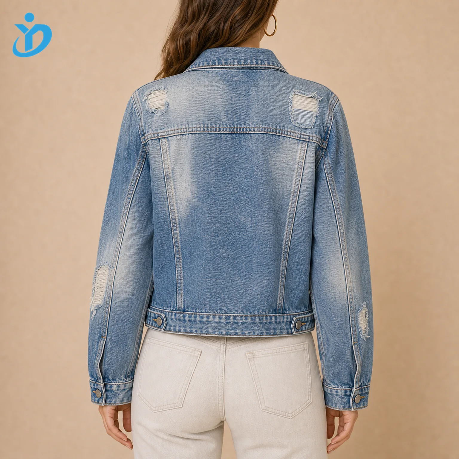 Custom womens distressed vintage denim jacket back view showing vintage bleaching hand sanding destroyed rips repair patch contrast stitching and Dongguan Yidi Clothing Co Ltd transparent logo