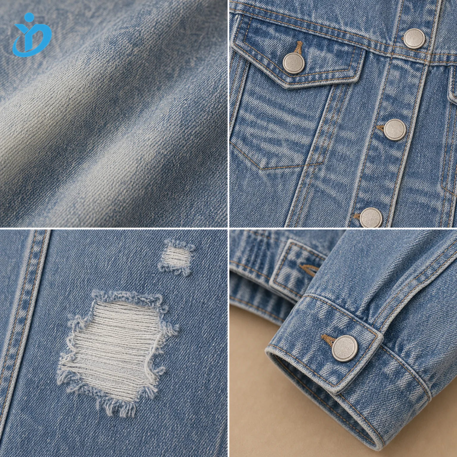 Custom womens distressed vintage denim jacket detail grid showing hand sanding whisker effect destroyed rip repair patch metal button and Dongguan Yidi Clothing Co Ltd transparent logo