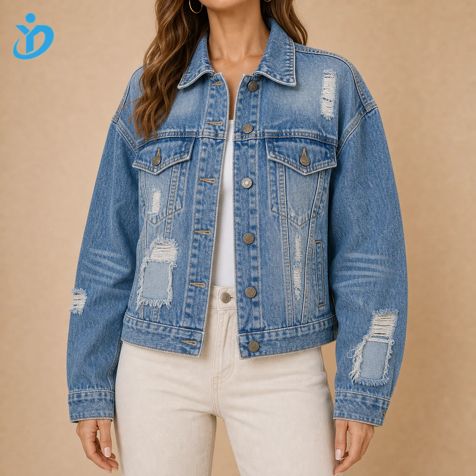 Custom womens distressed vintage denim jacket front view with hand sanding whisker effect destroyed rips repair patch vintage bleaching and Dongguan Yidi Clothing Co Ltd transparent logo