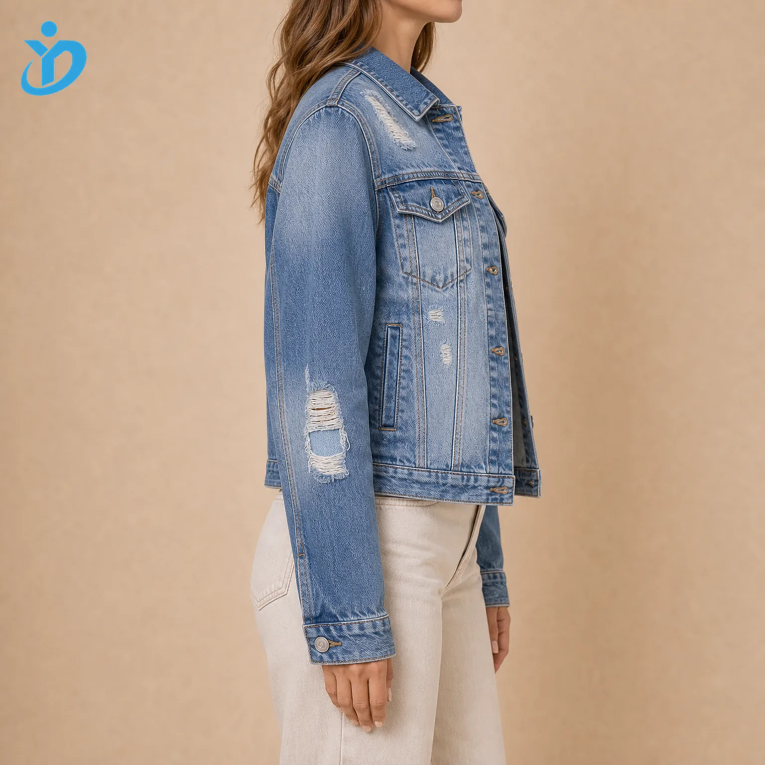 Custom womens distressed vintage denim jacket side view showing hand sanding whisker effect sleeve destroyed rip repair patch vintage bleaching and Dongguan Yidi Clothing Co Ltd transparent logo