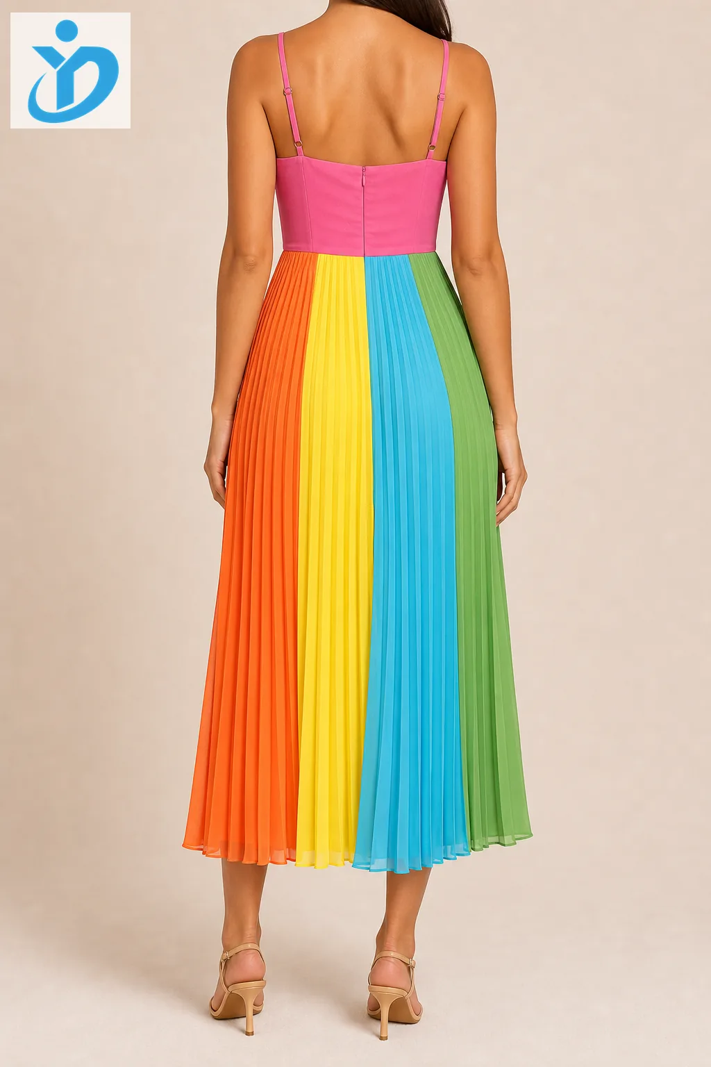 Custom womens dopamine color spaghetti strap pleated dress back view with adjustable straps pleated skirt and Dongguan Yidi Clothing Co Ltd logo