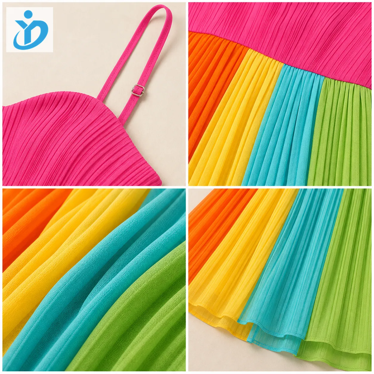 Custom womens dopamine color spaghetti strap pleated dress detail grid showing strap pleated fabric waist seam hem and Dongguan Yidi Clothing Co Ltd logo
