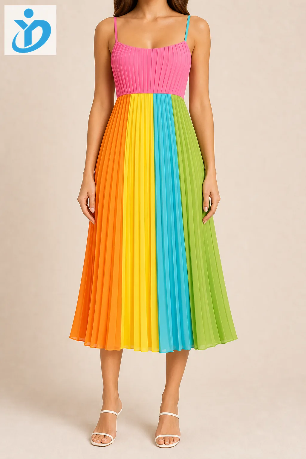 Custom womens dopamine color spaghetti strap pleated dress front view with vibrant pleated skirt and Dongguan Yidi Clothing Co Ltd logo