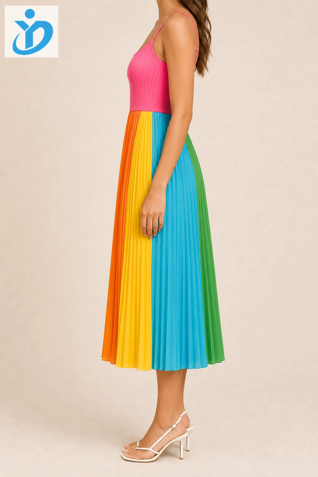 Custom womens dopamine color spaghetti strap pleated dress side view for private label casual dress manufacturing with Dongguan Yidi Clothing Co Ltd logo