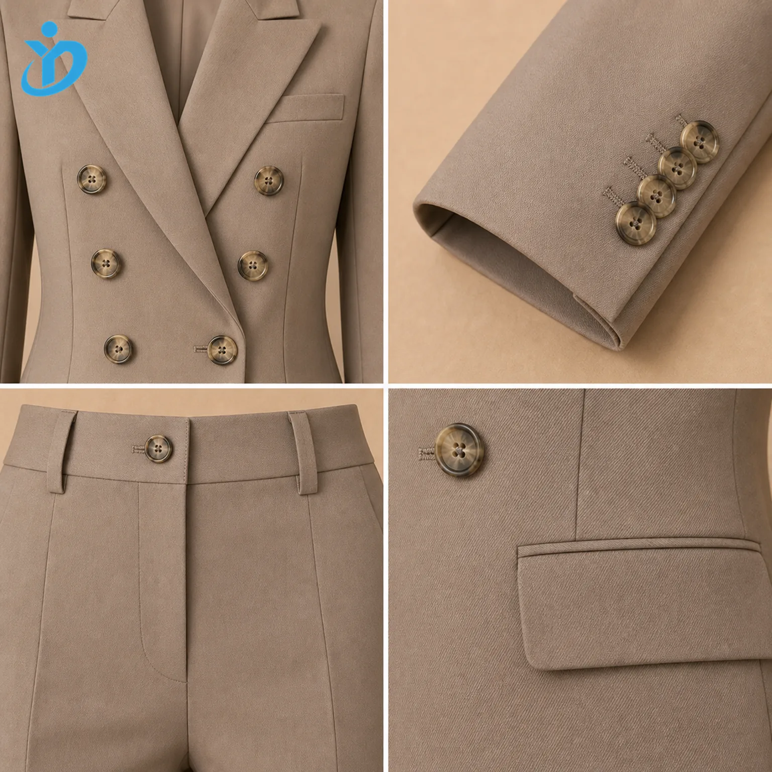 Custom womens double breasted suit sets detail grid showing blazer lapel six buttons sleeve cuff high waist trouser waistband suiting fabric and Dongguan Yidi Clothing Co Ltd transparent logo