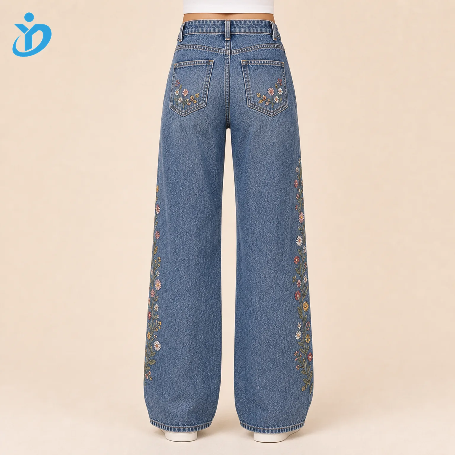 Custom womens embroidered denim jeans back view lower body model with back pocket embroidery wide leg fit and Dongguan Yidi Clothing Co Ltd transparent logo