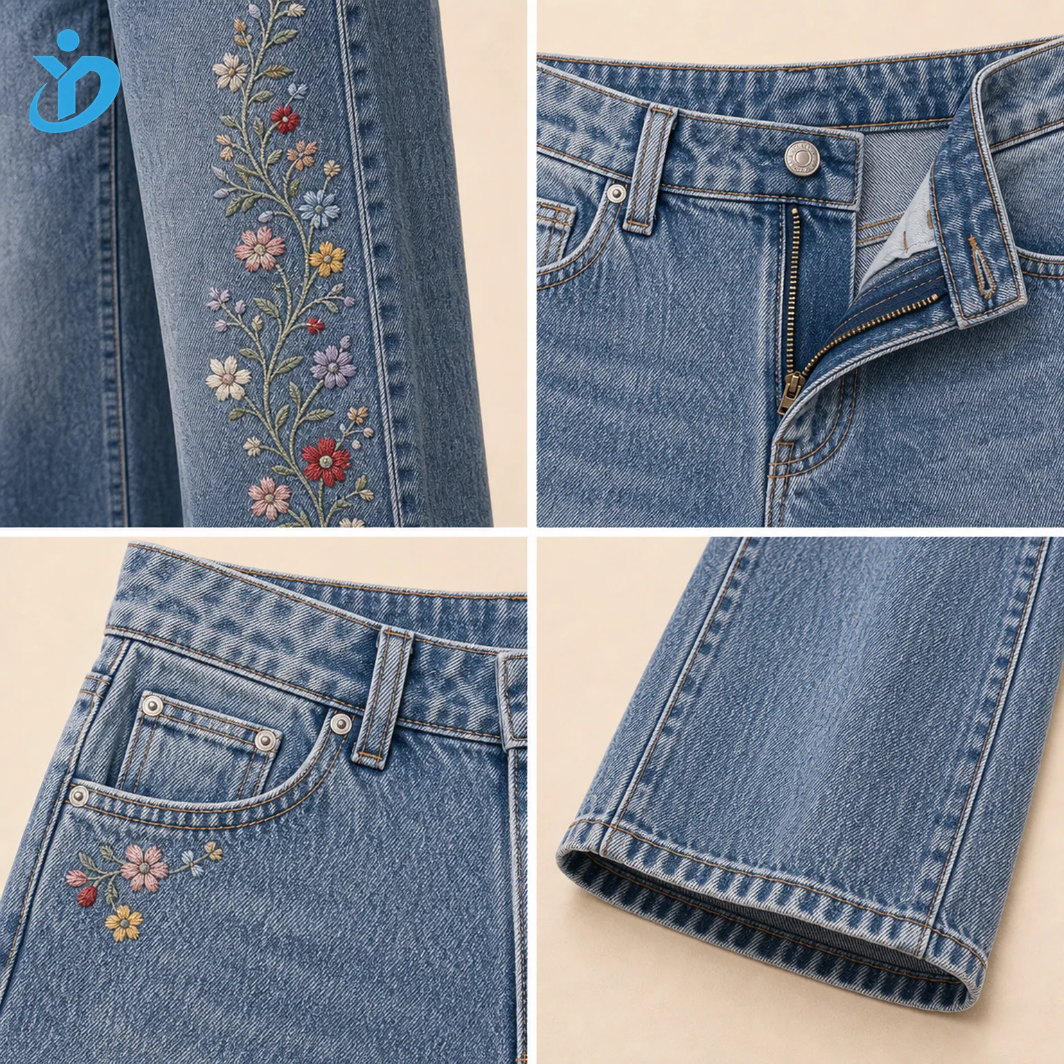 Custom womens embroidered denim jeans detail grid showing floral embroidery thread pocket waistband denim fabric hem stitching and Dongguan Yidi Clothing Co Ltd transparent logo