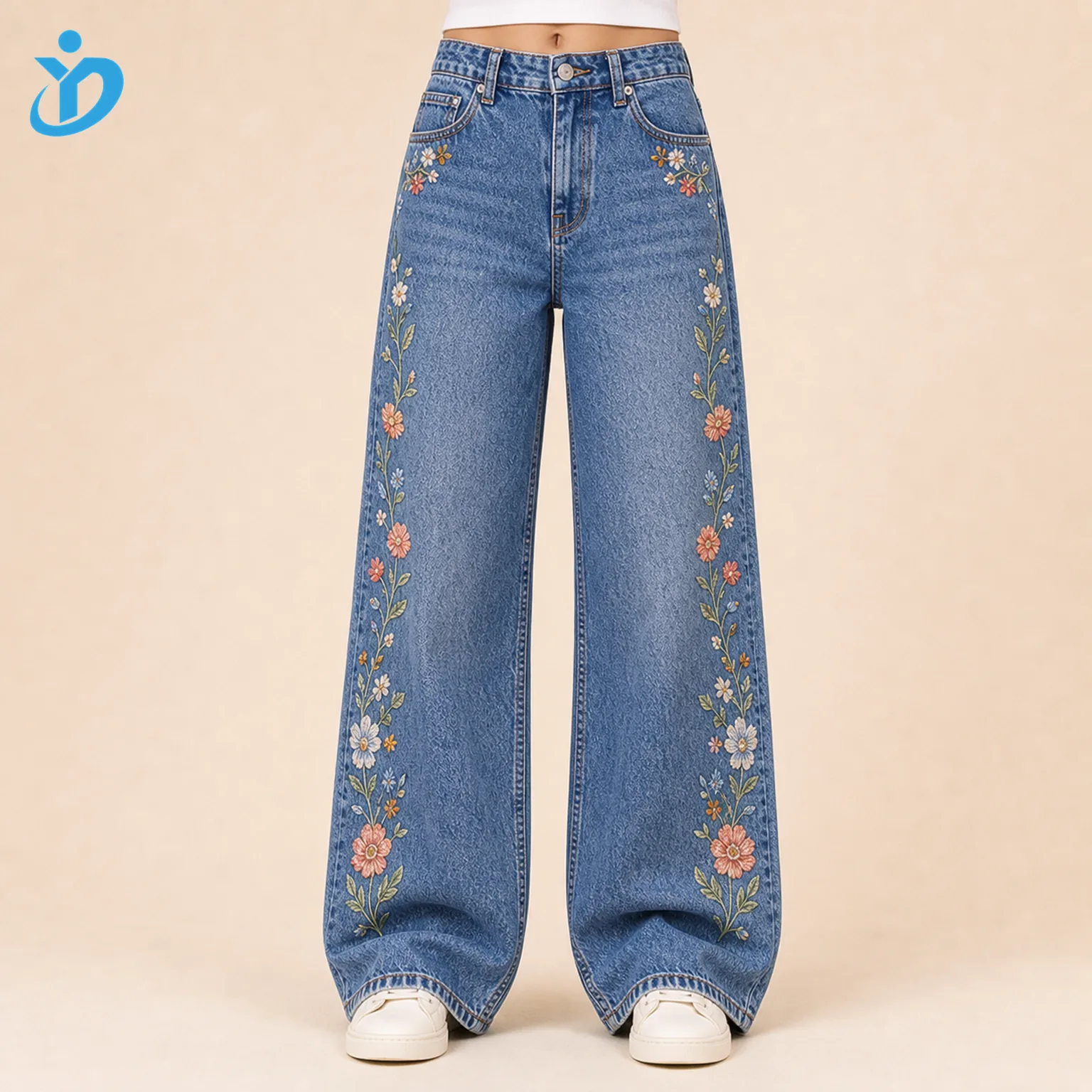 Custom womens embroidered denim jeans front view lower body model with floral embroidery wide leg fit and Dongguan Yidi Clothing Co Ltd transparent logo