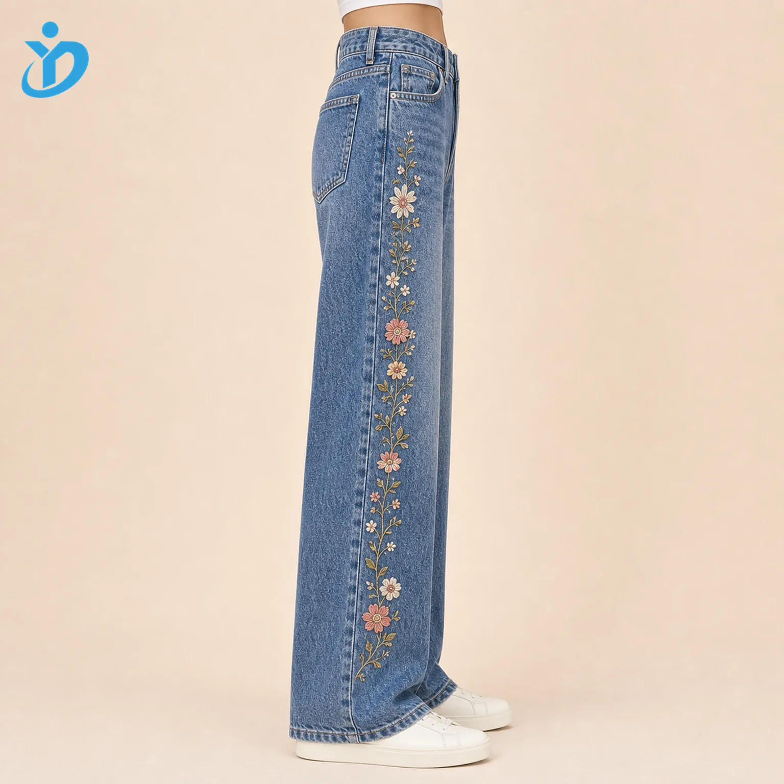 Custom womens embroidered denim jeans side view lower body model for OEM ODM denim jeans manufacturing with Dongguan Yidi Clothing Co Ltd transparent logo