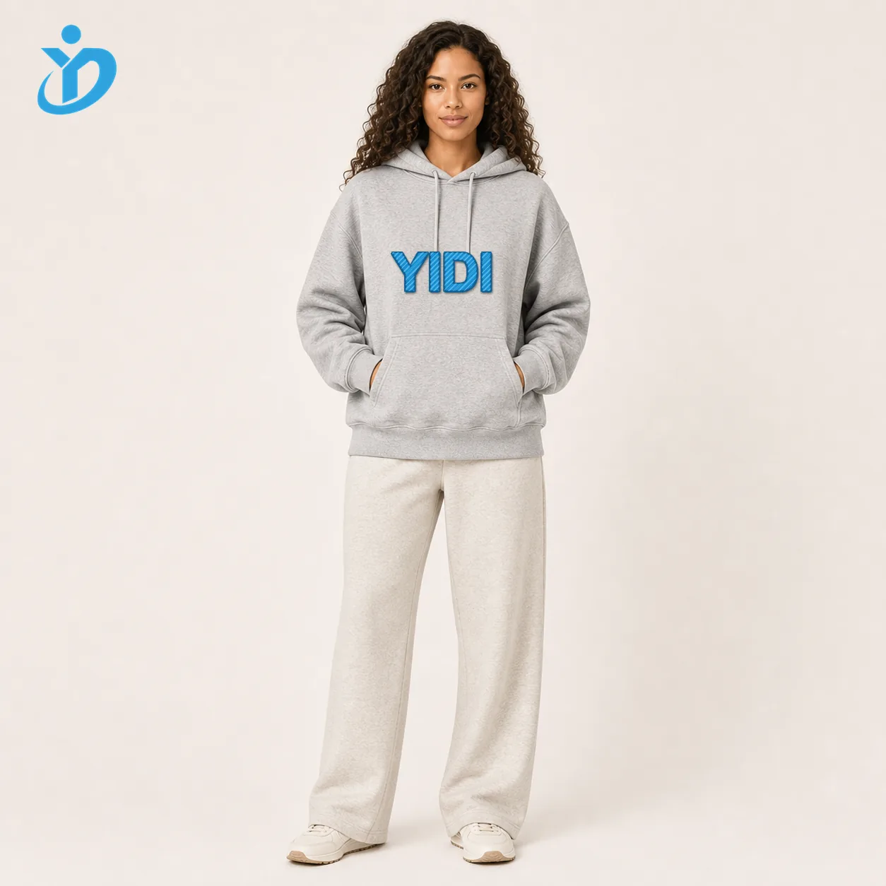 Custom womens embroidered logo hoodie front view with YIDI chest embroidery and YIDI Clothing logo