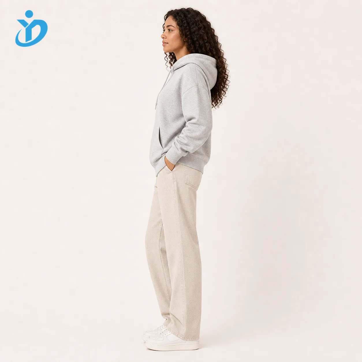 Custom womens embroidered logo hoodie side view for private label hoodie manufacturing with YIDI Clothing logo