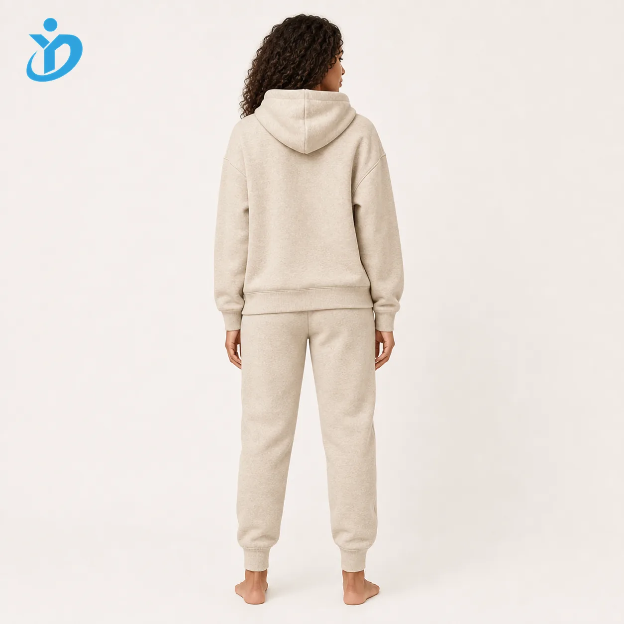 Custom womens fleece hoodie set back view with YIDI Clothing logo