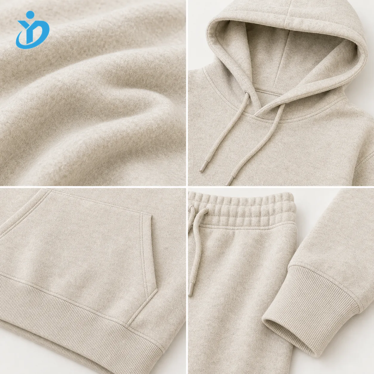 Custom fleece hoodie set fabric hood pocket cuff and stitching details with YIDI Clothing logo