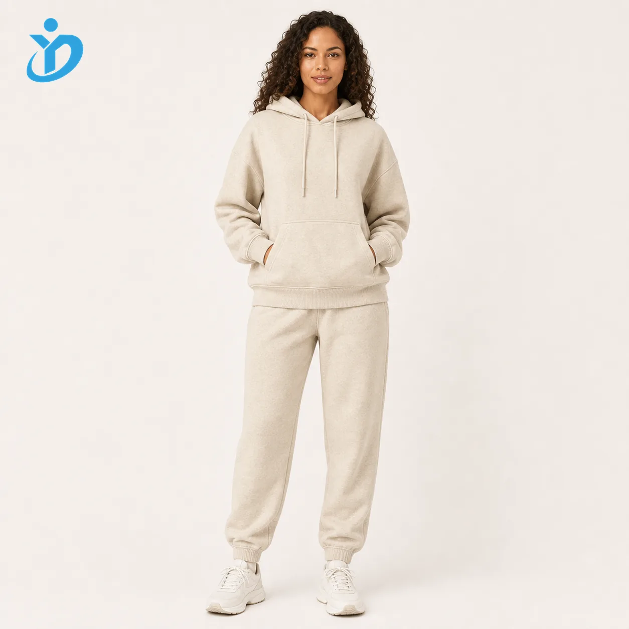 Custom womens fleece hoodie set front view with YIDI Clothing logo