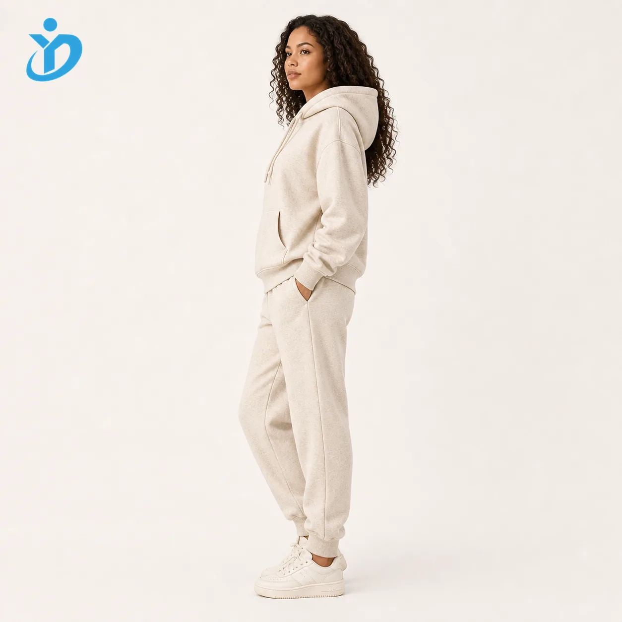 Custom womens fleece hoodie set side view from China OEM ODM apparel supplier