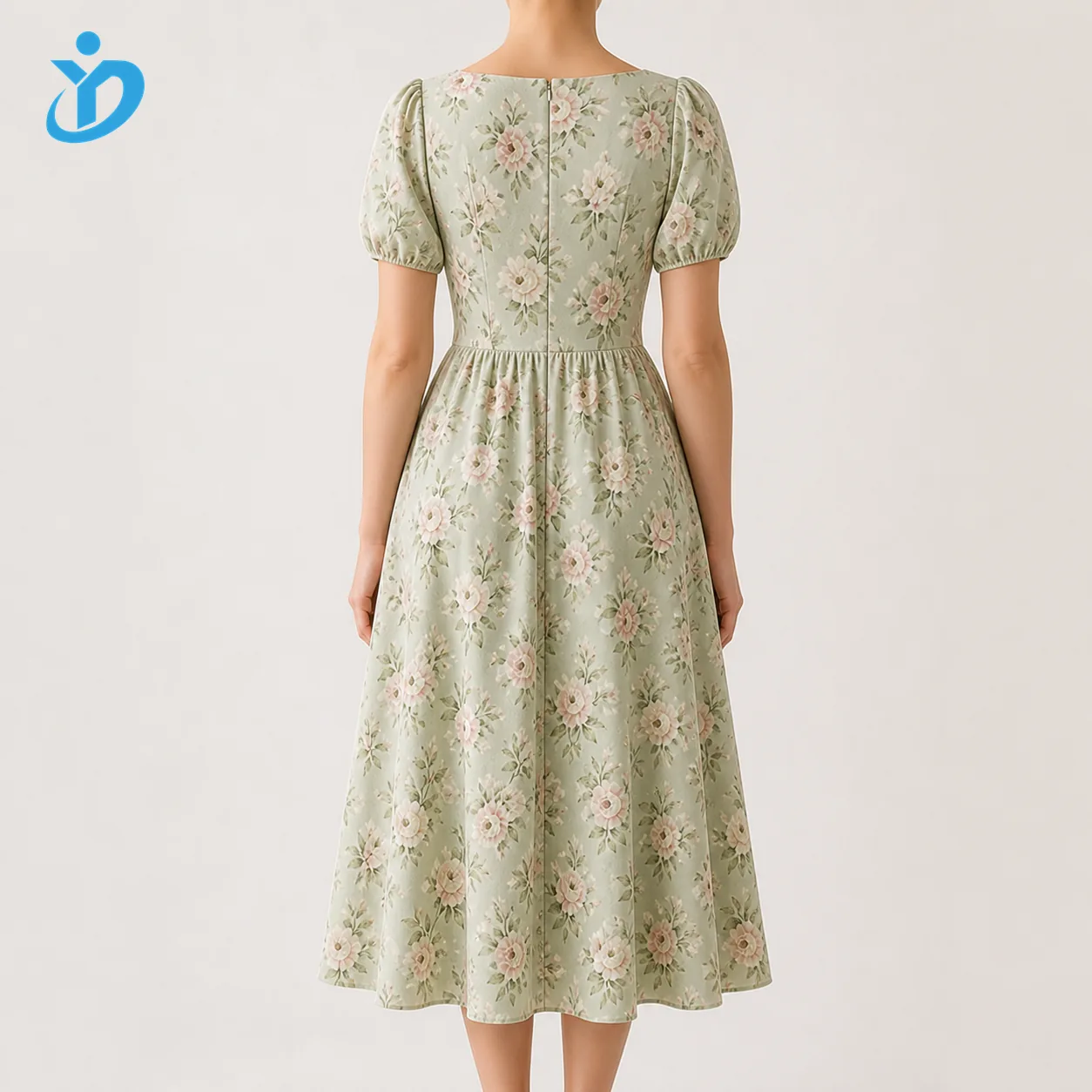 Custom womens floral midi dress back view with YIDI Clothing logo