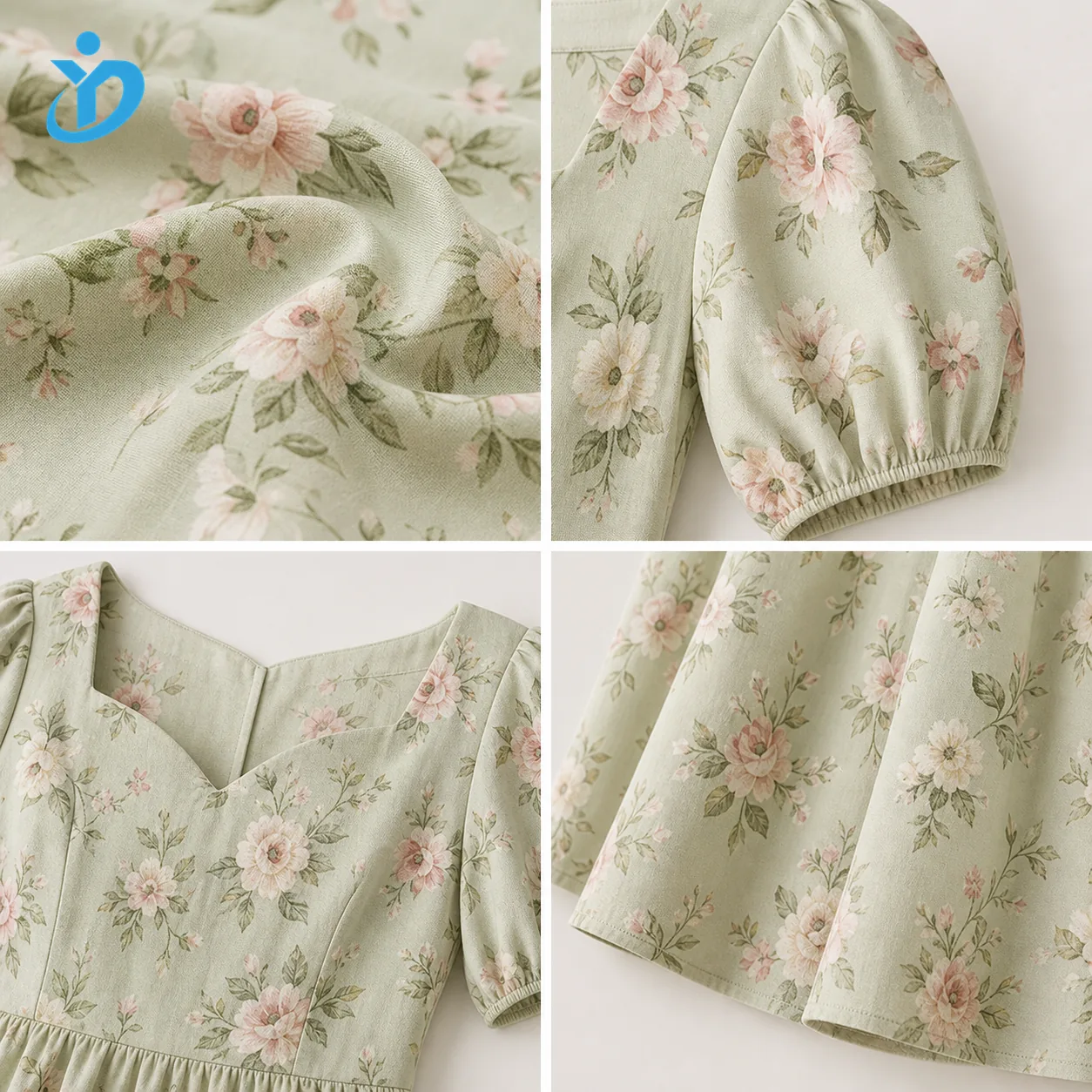Custom floral midi dress fabric stitching and finishing details with YIDI Clothing logo