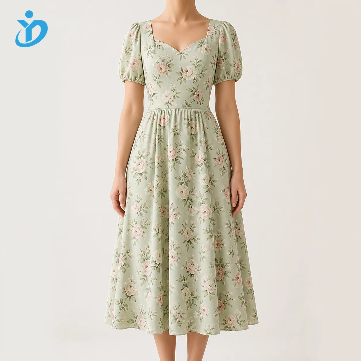 Custom womens floral midi dress front view with YIDI Clothing logo