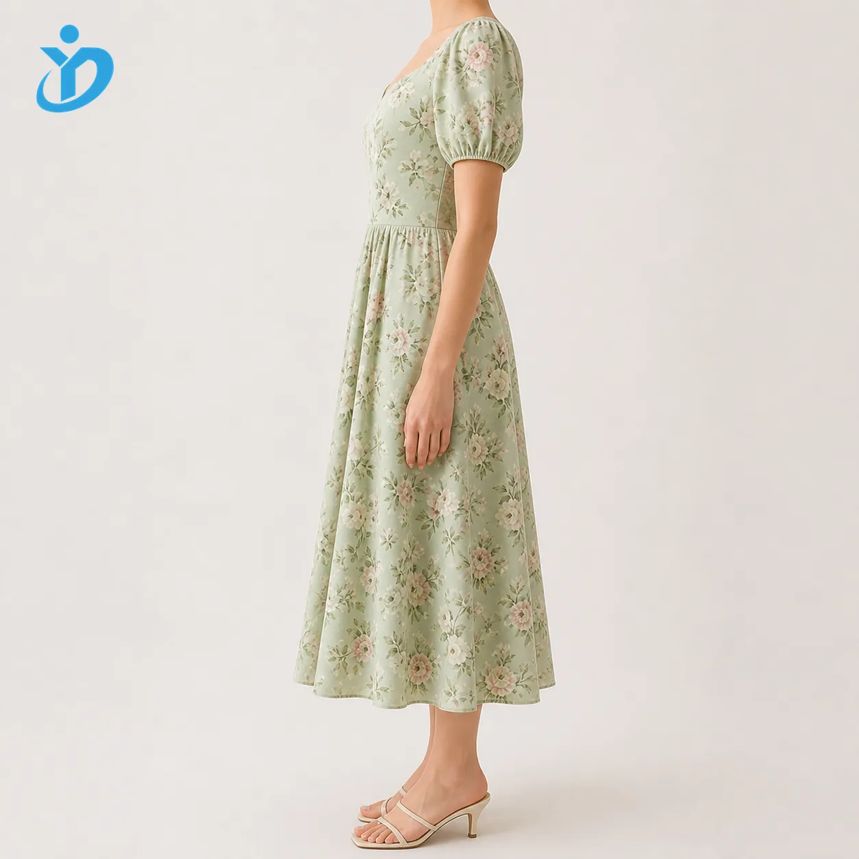 Custom womens floral midi dress side view with YIDI Clothing logo