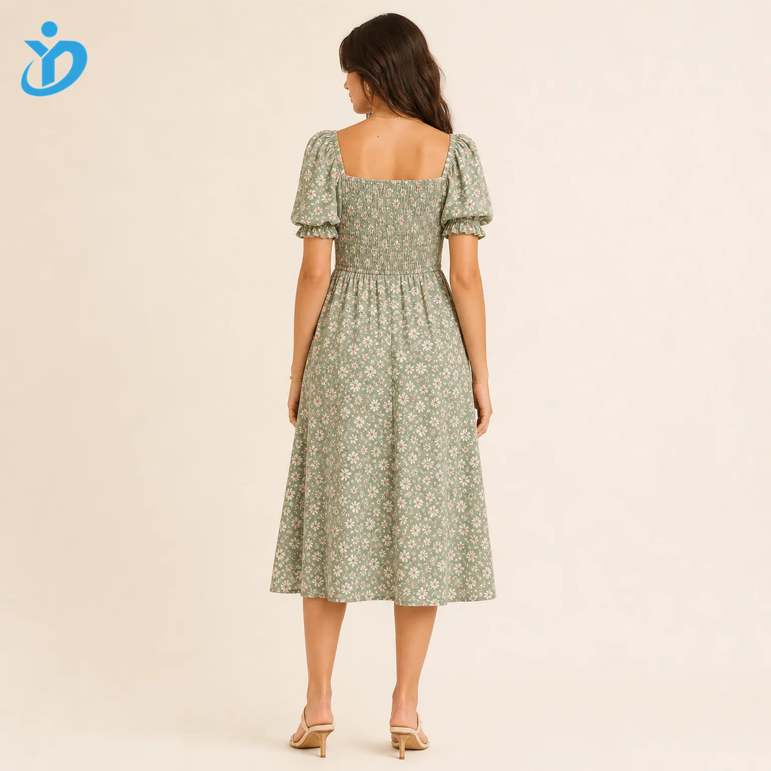 Custom womens floral smocked midi dress back view with elastic smocked back square neckline puff sleeves and Dongguan Yidi Clothing Co Ltd transparent logo