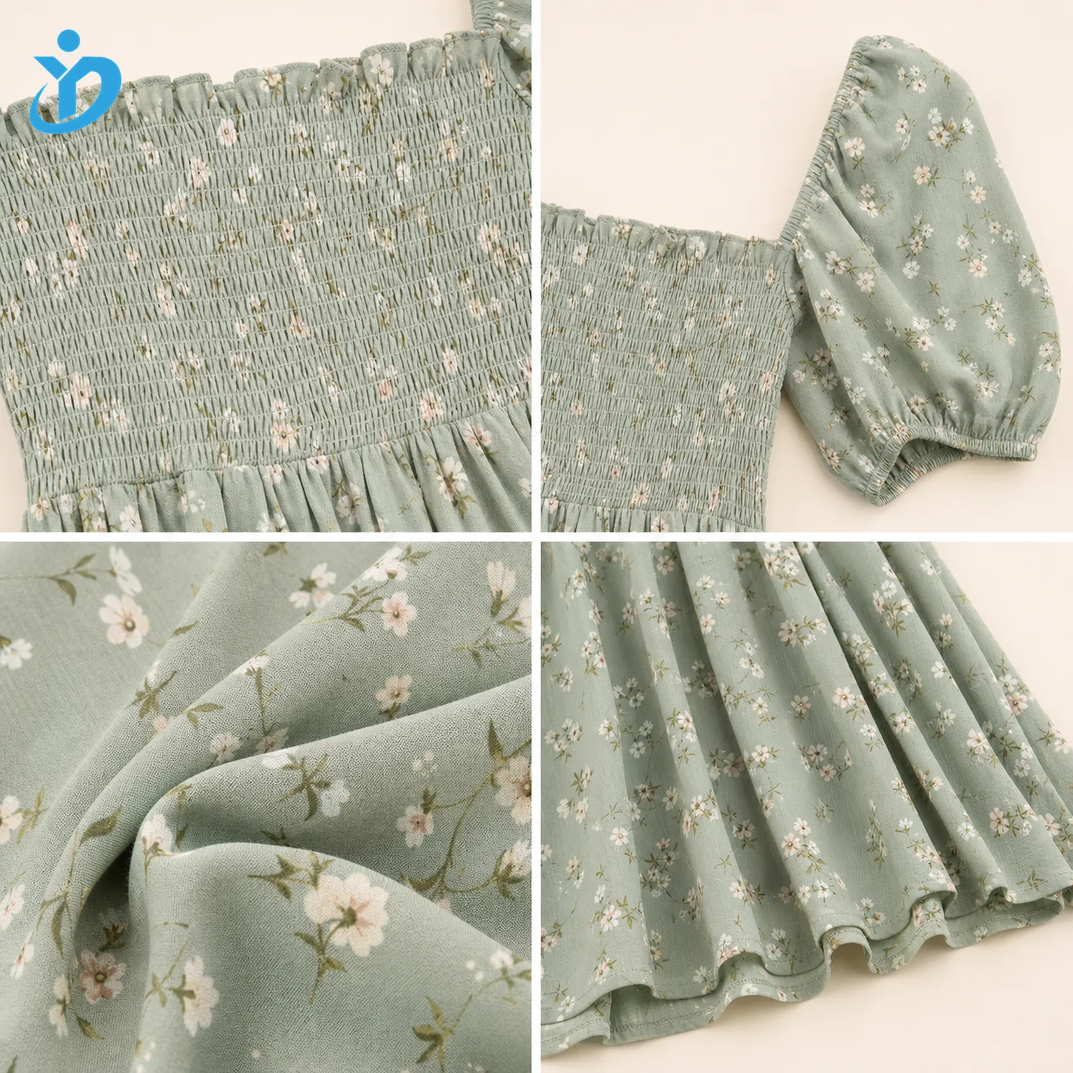 Custom womens floral smocked midi dress detail grid showing smocked bodice puff sleeve floral fabric gathered waist hem construction and Dongguan Yidi Clothing Co Ltd transparent logo