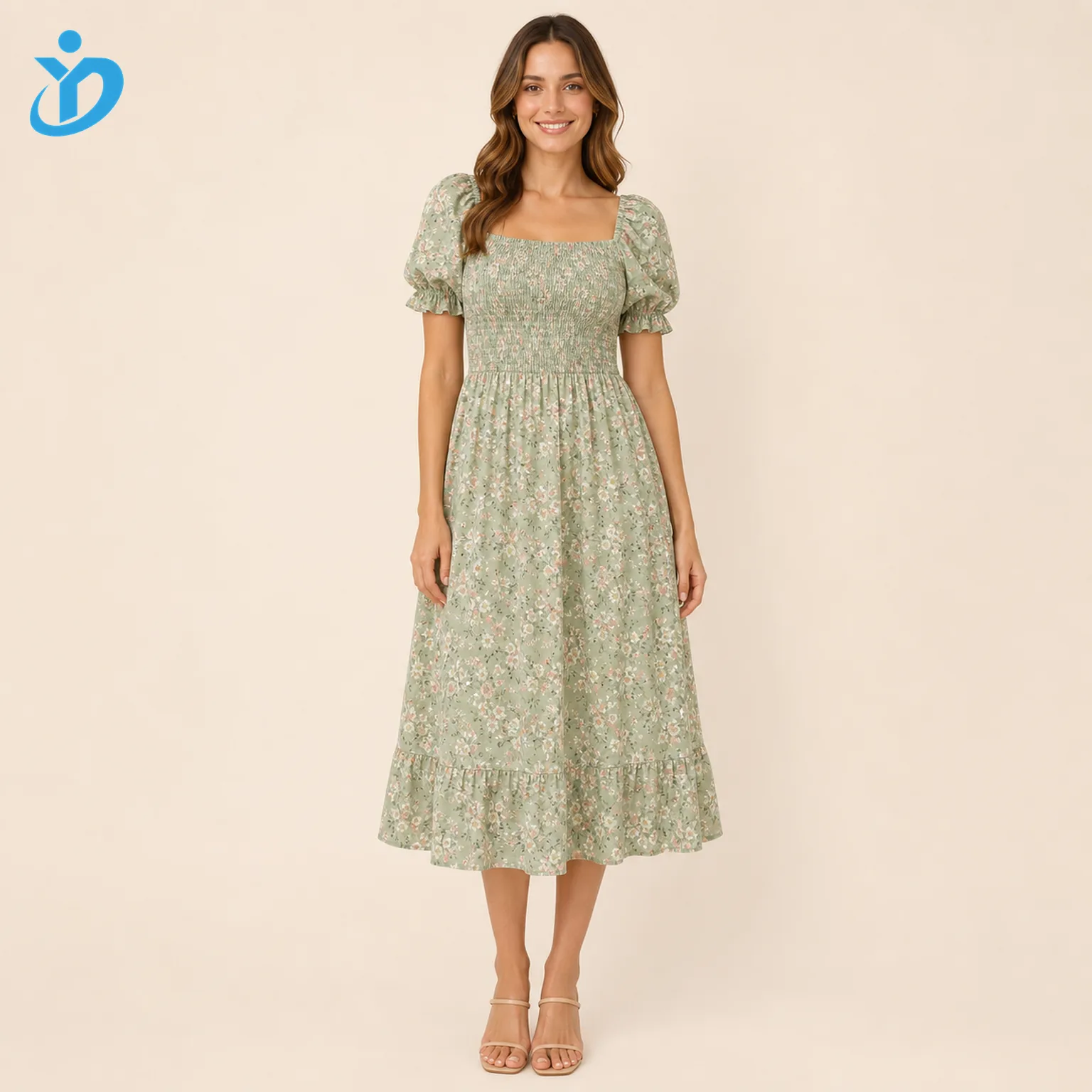 Custom womens floral smocked midi dress front view on real female model with elastic smocked bodice puff sleeves floral midi skirt and Dongguan Yidi Clothing Co Ltd transparent logo