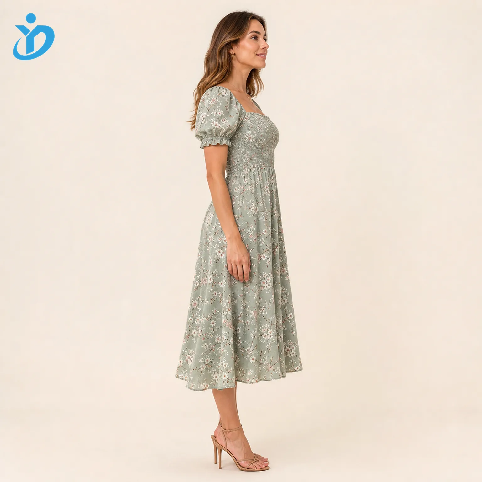 Custom womens floral smocked midi dress side view for private label smocked dress manufacturing with Dongguan Yidi Clothing Co Ltd transparent logo