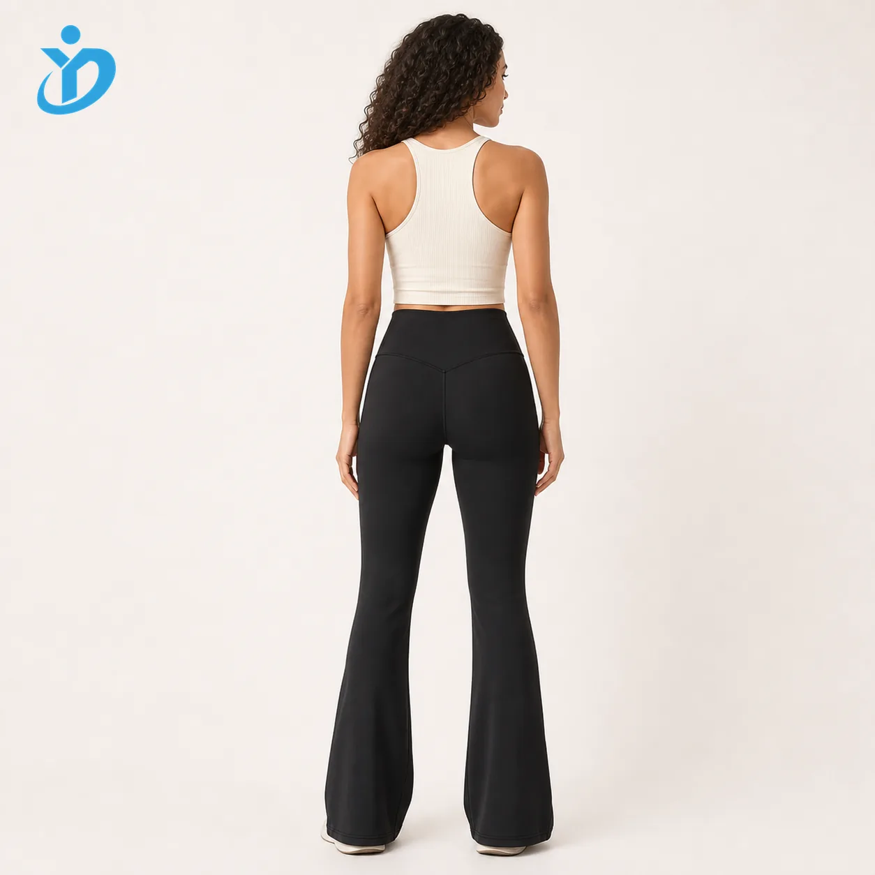 Custom womens high waist flare yoga pants back view with YIDI Clothing logo
