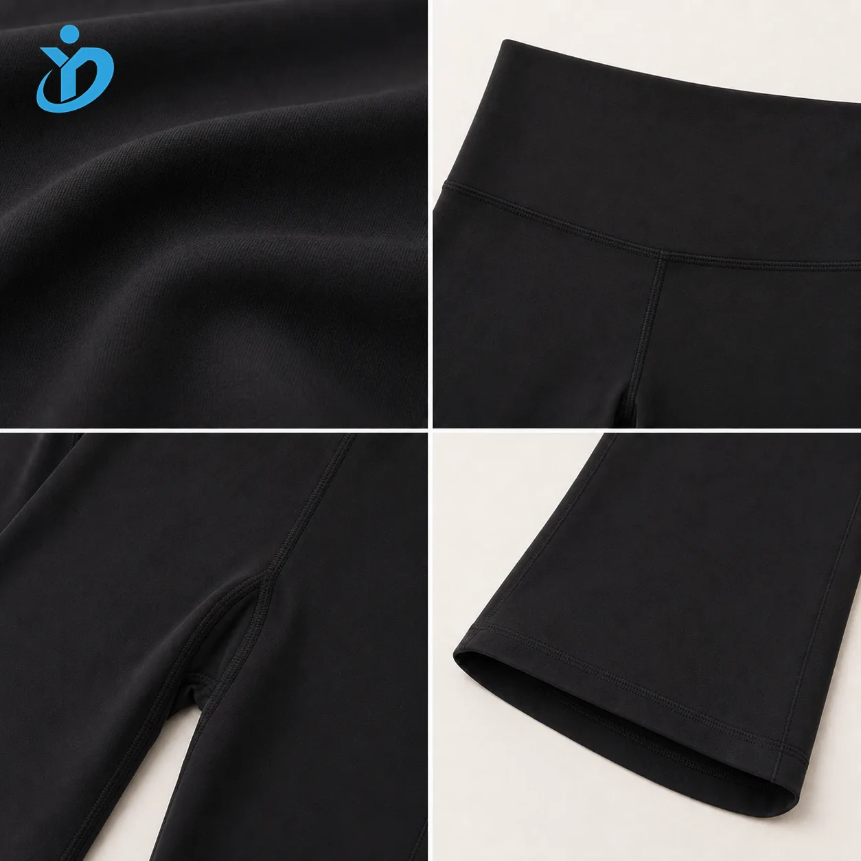 Custom flare yoga pants stretch fabric waistband seam gusset and flared hem details with YIDI Clothing logo