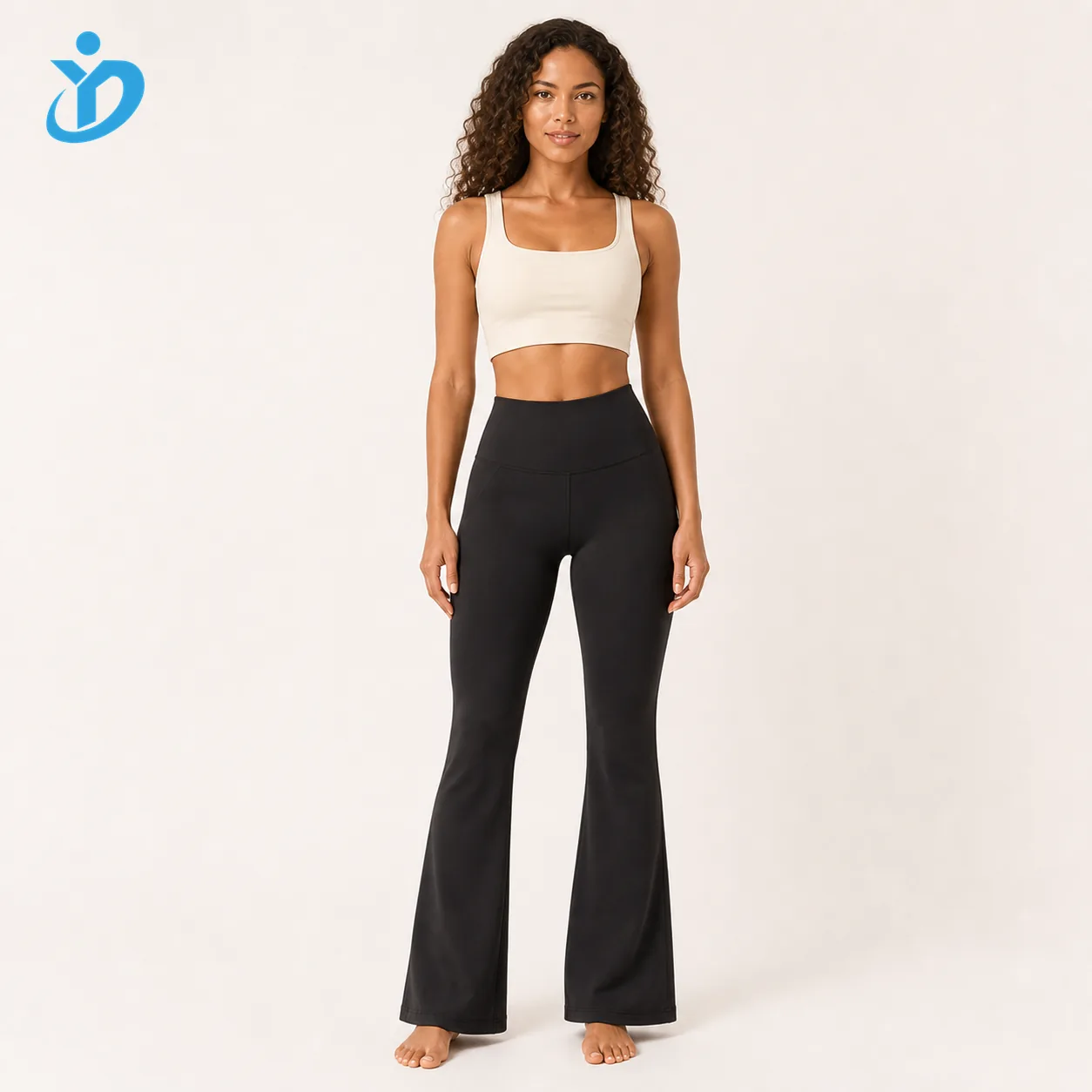 Custom womens high waist flare yoga pants front view with YIDI Clothing logo