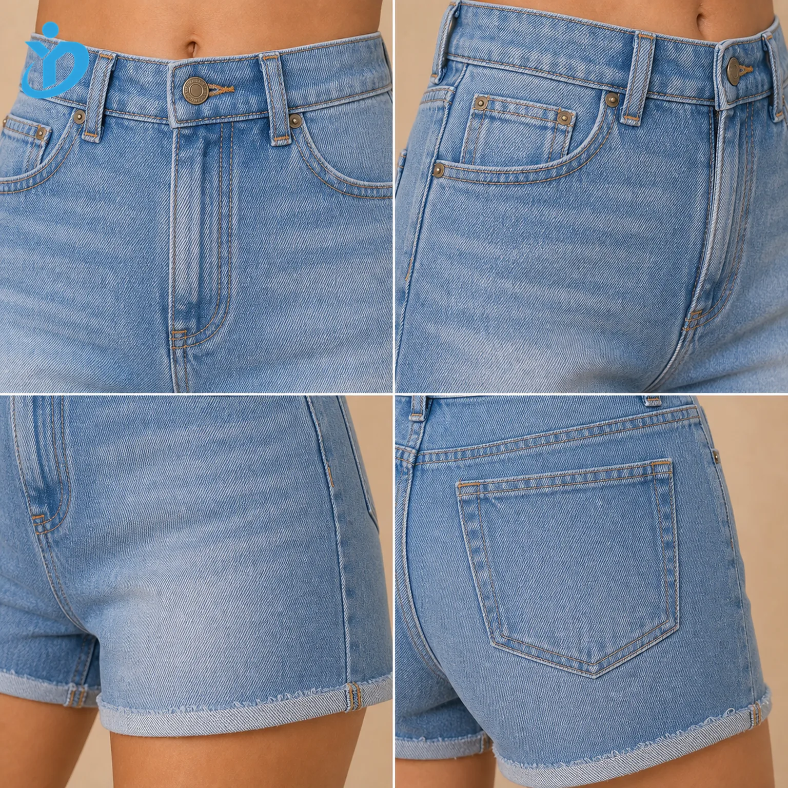 Detail views of custom women's high waisted denim shorts