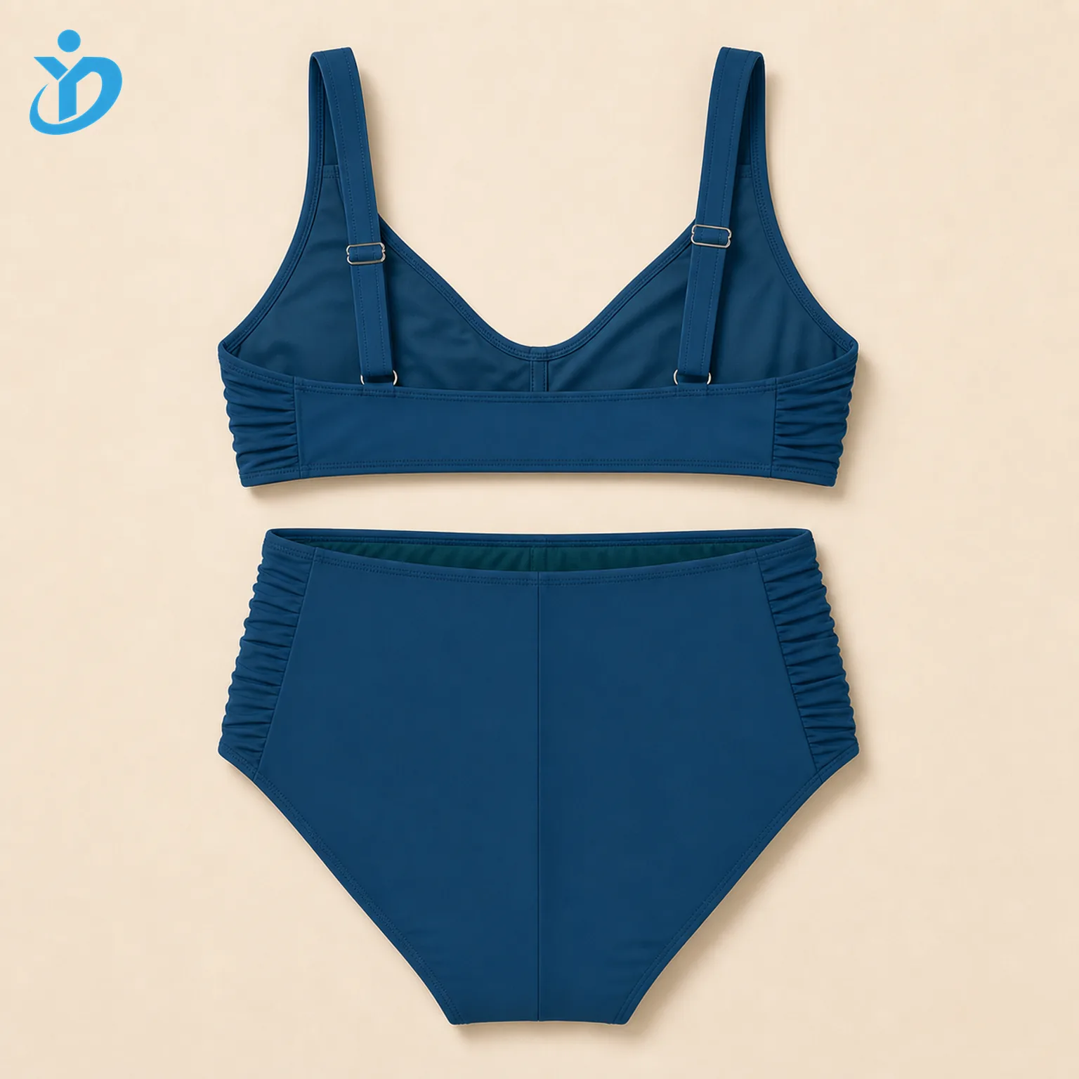 Custom womens high waisted ruched bikini set back flat lay showing hip covering full coverage bottom bralette back straps and Dongguan Yidi Clothing Co Ltd transparent logo