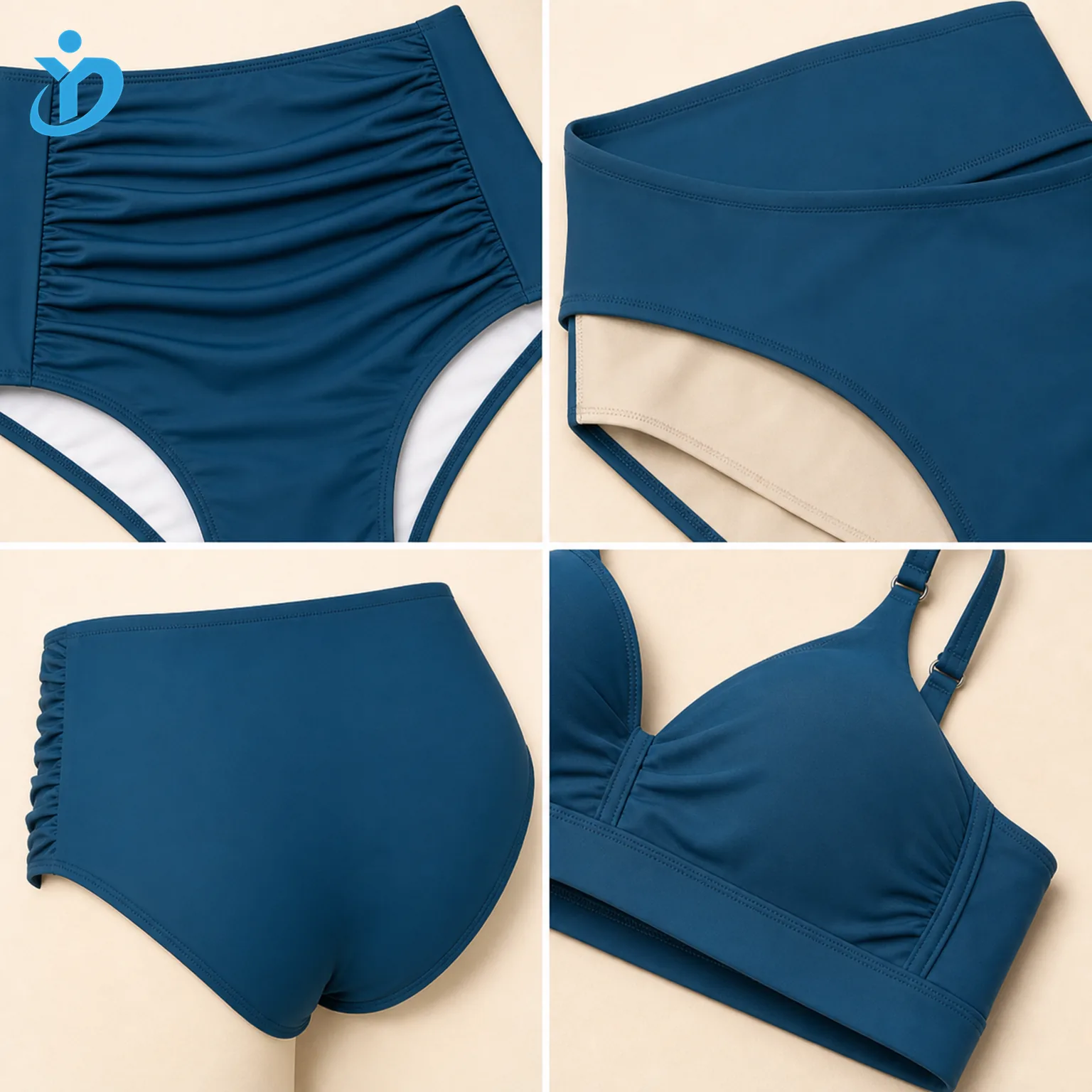 Custom womens high waisted ruched bikini set detail grid showing abdominal ruching wide waistband tummy control lining full coverage back panel and Dongguan Yidi Clothing Co Ltd transparent logo