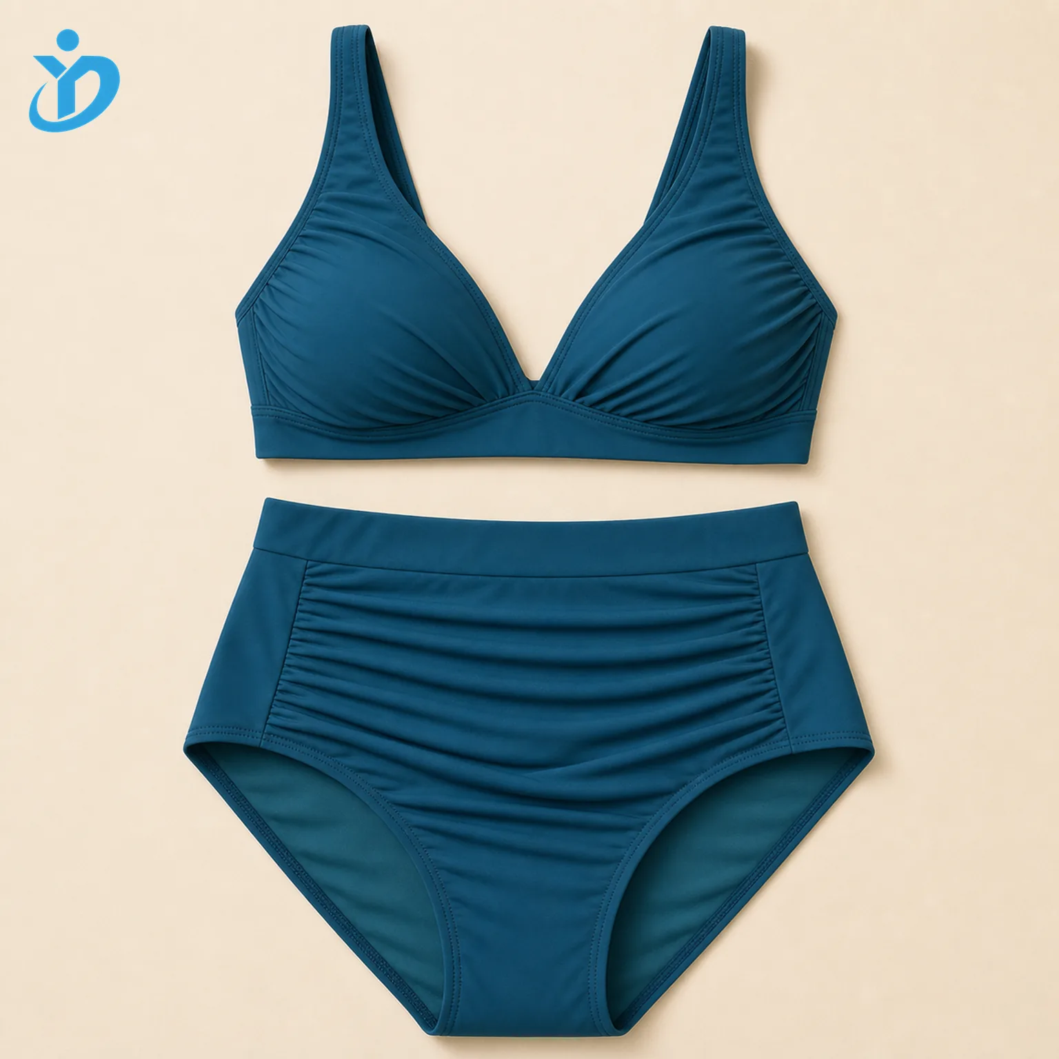 Custom womens high waisted ruched bikini set front flat lay with abdominal ruching wide waistband full coverage bottom and Dongguan Yidi Clothing Co Ltd transparent logo