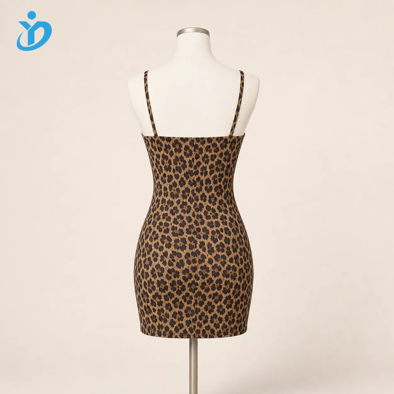 Custom womens leopard print ultra mini dress back view for private label boutique dress manufacturing with YIDI Clothing logo