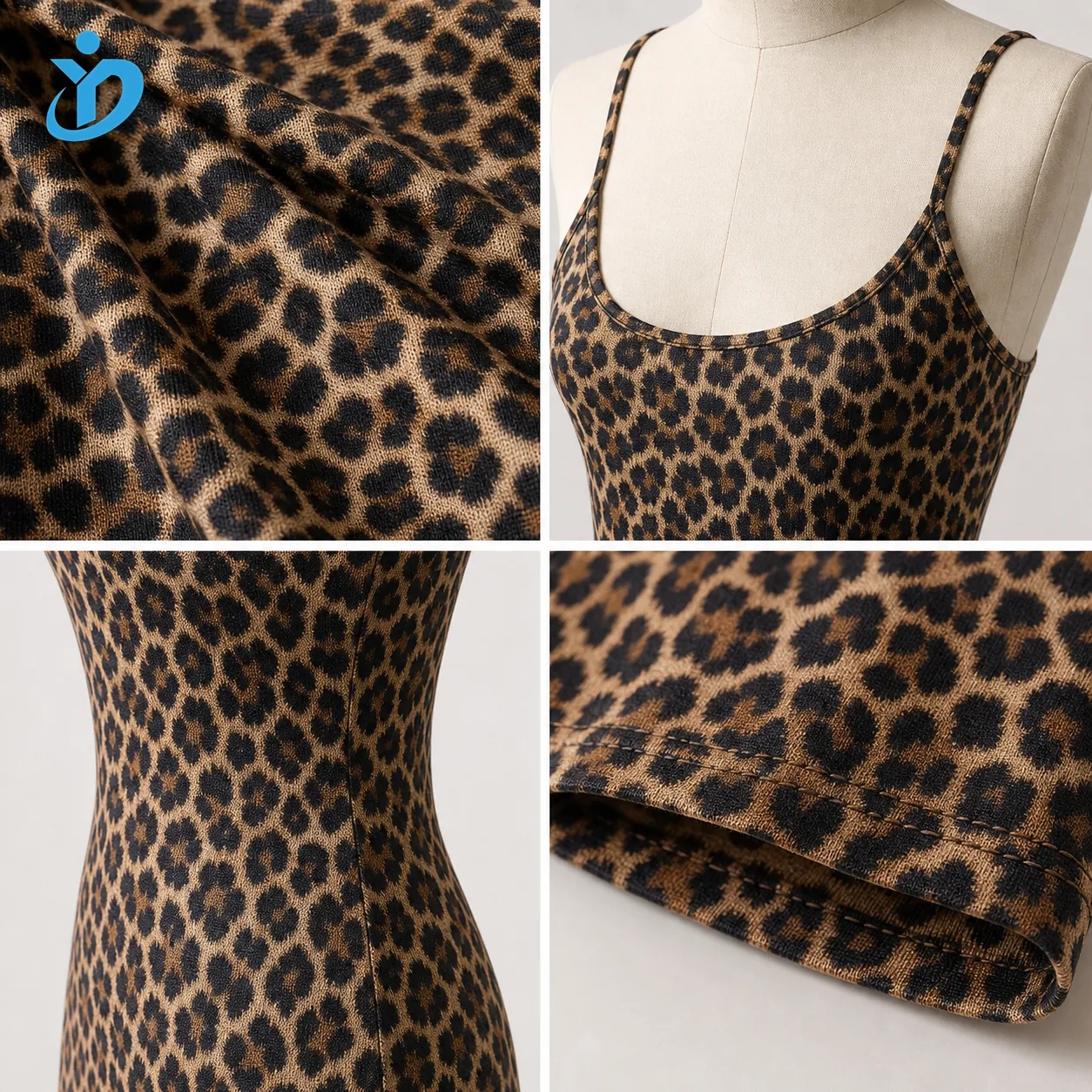 Custom womens leopard print mini dress fabric neckline side seam and hem stitching details with YIDI Clothing logo