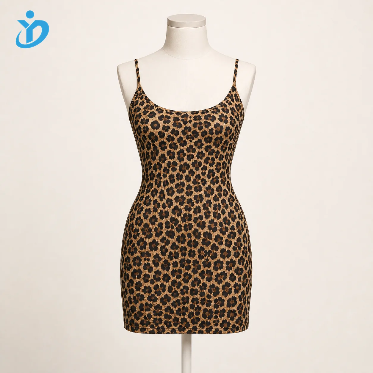 Custom womens leopard print ultra mini dress front view with YIDI Clothing logo