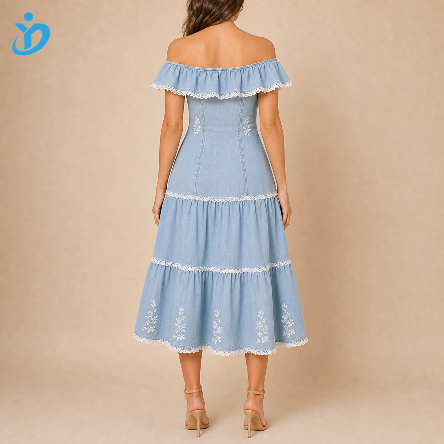 Custom womens light wash denim ruffle dress back view showing off shoulder ruffle sleeve tiered skirt lace trim embroidery and Dongguan Yidi Clothing Co Ltd transparent logo