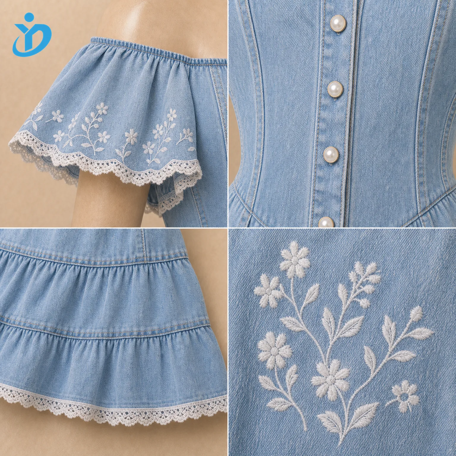 Custom womens light wash denim ruffle dress detail grid showing ruffle sleeve lace trim pearl buttons tiered skirt embroidery and Dongguan Yidi Clothing Co Ltd transparent logo