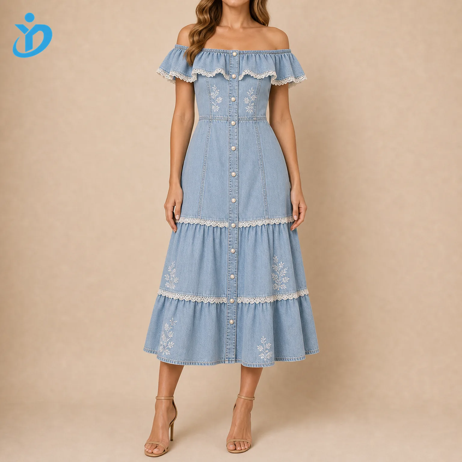 Custom womens light wash denim ruffle dress front view with off shoulder ruffle sleeve tiered skirt embroidery lace trim pearl buttons and Dongguan Yidi Clothing Co Ltd transparent logo
