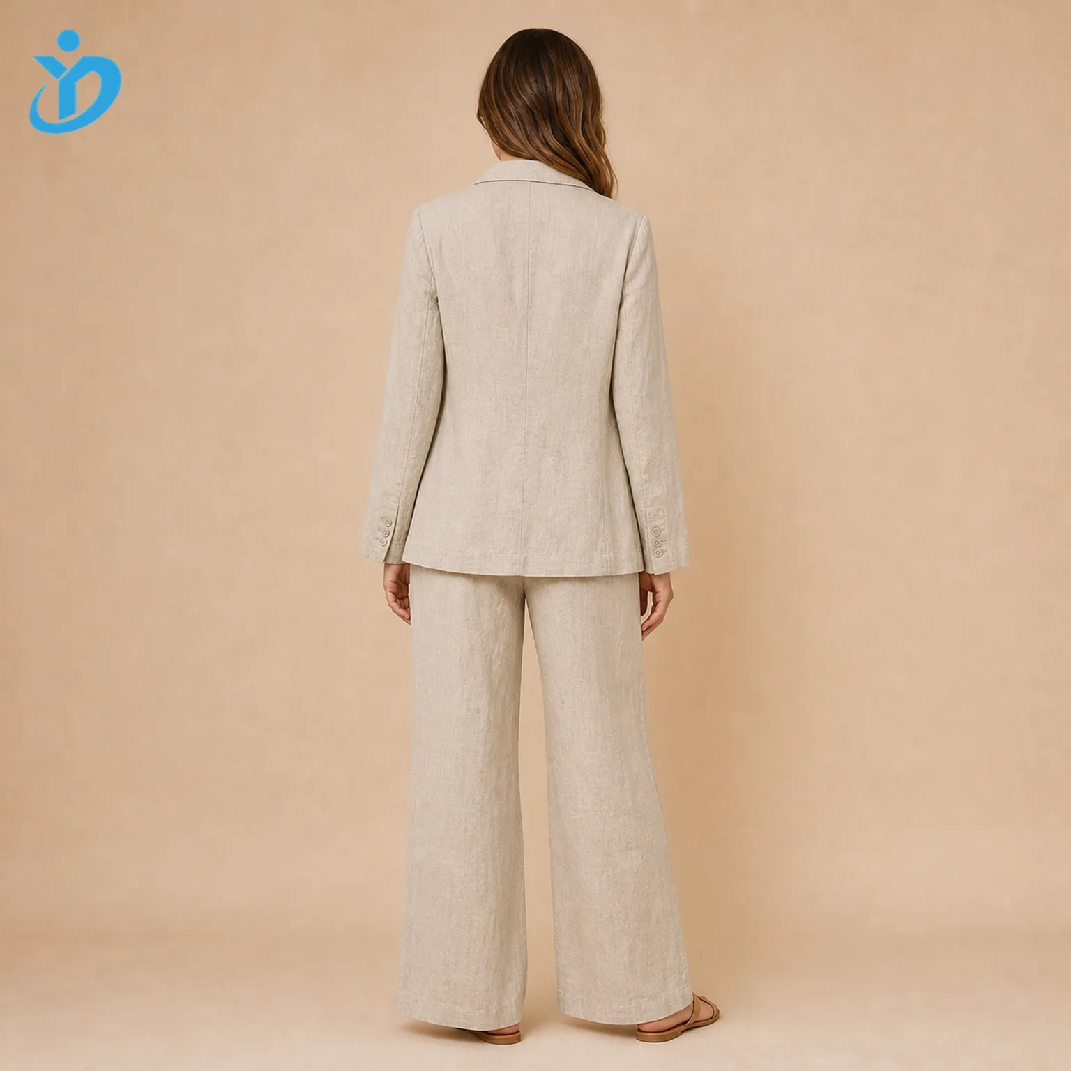Custom womens linen suit sets back view showing lightweight linen blazer wide leg pants natural wrinkle finish garment dye tone and Dongguan Yidi Clothing Co Ltd transparent logo